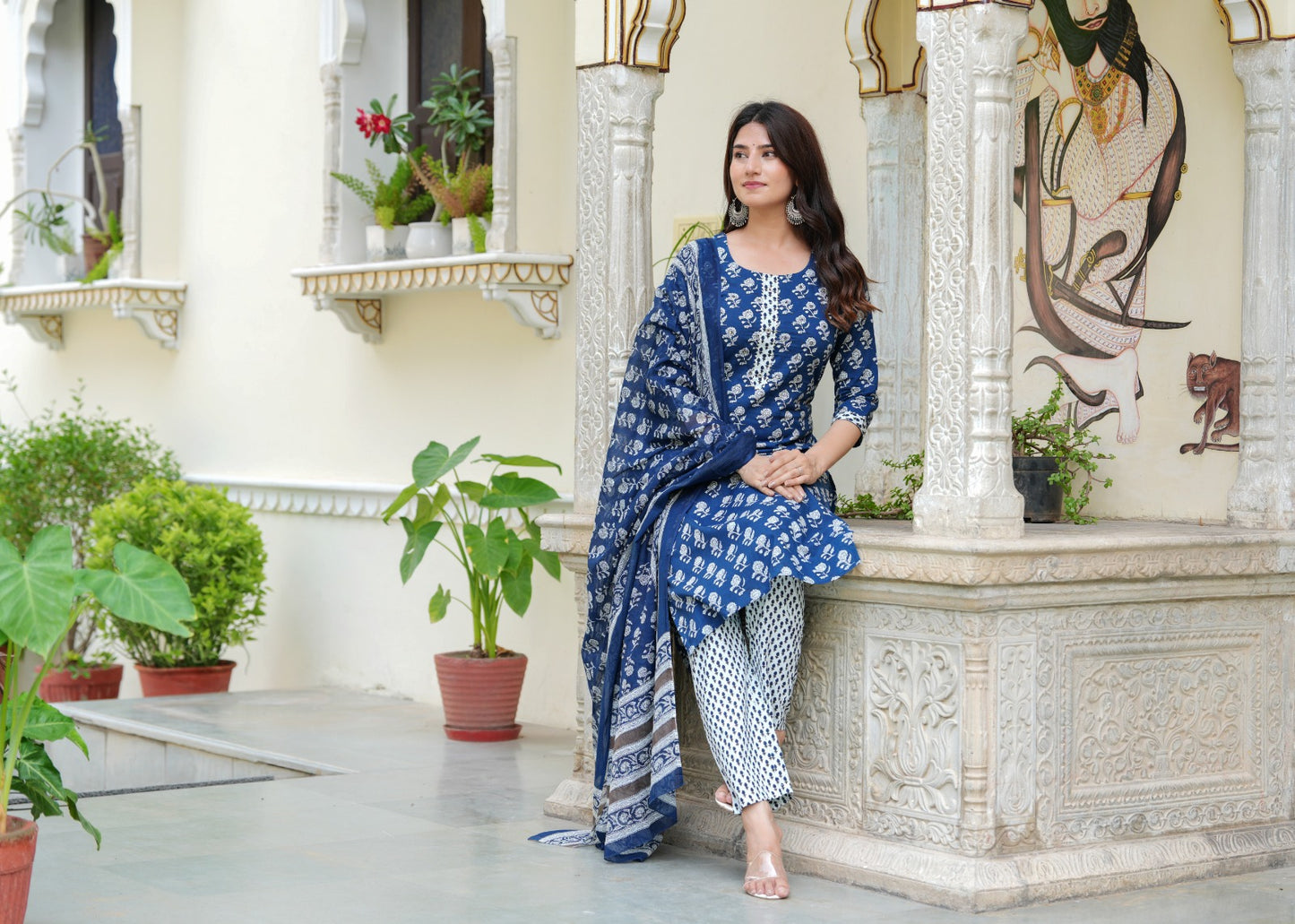 Premium Indigo Cotton Kurti Pant Dupatta Set