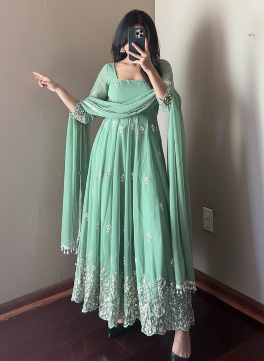 Premium Pastel Green Anarkali Suit Set with Dupatta