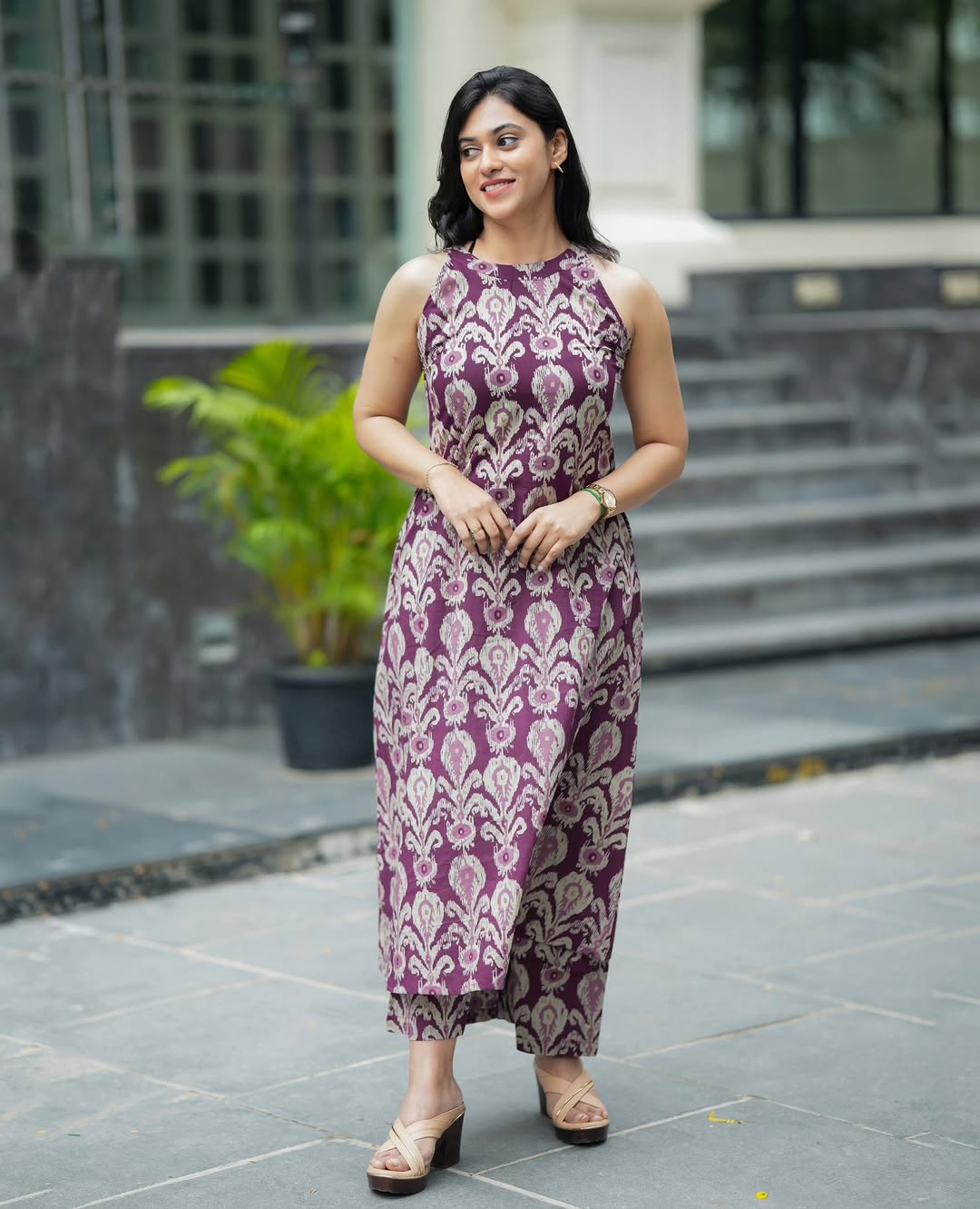 Women’s Purple Printed Cotton Halter Neck Kurta Palazzo Set