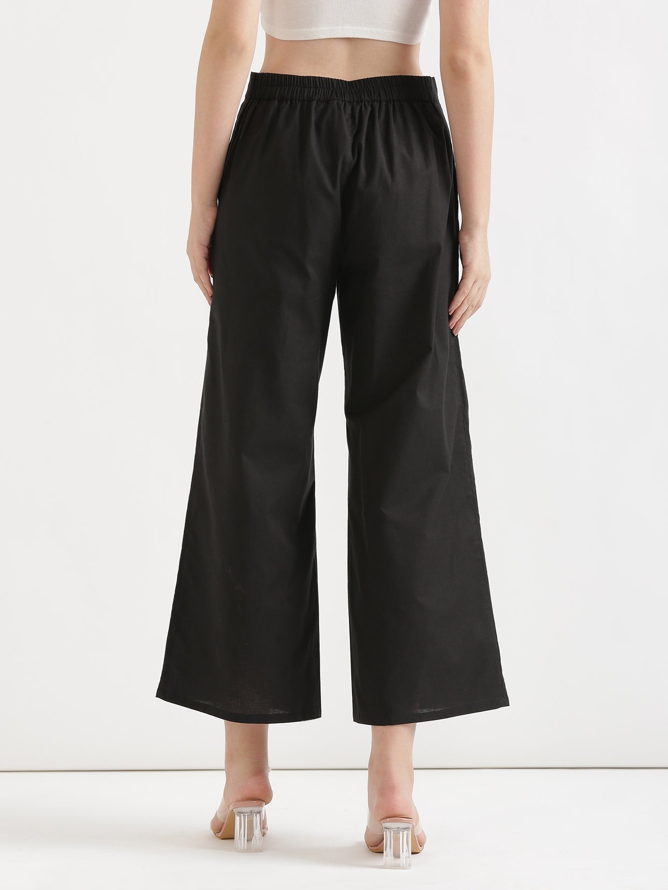 Women Black Airy Linen Wide Leg Pant