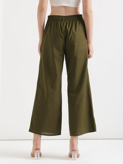 Women Olive Green Airy Linen Wide Leg Pant
