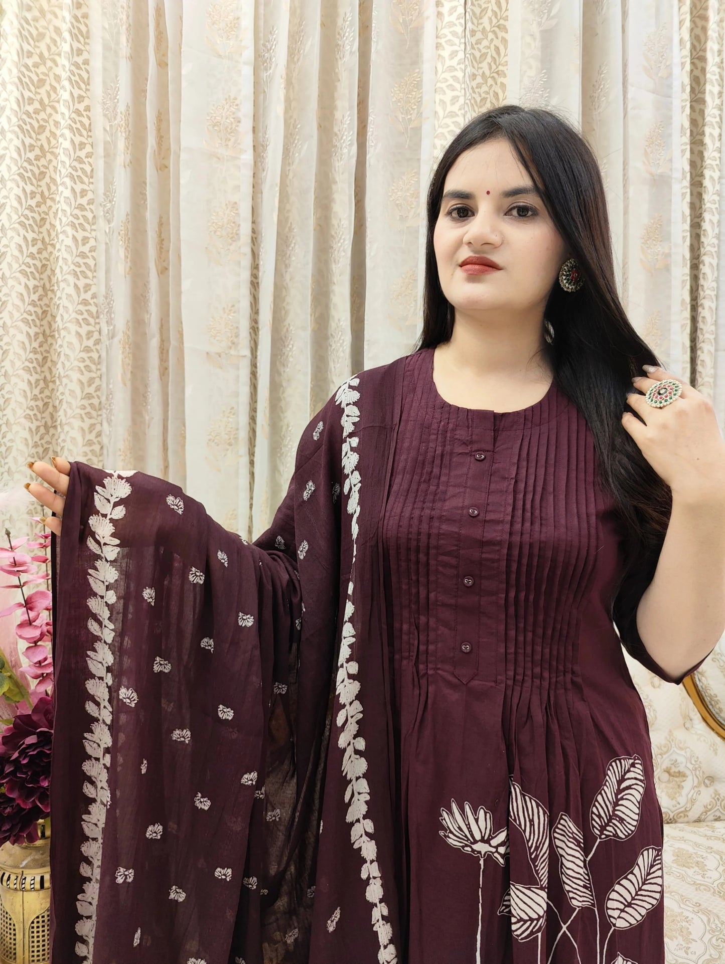 Maroon Cotton 3 Piece Kurti Pant Dupatta Set for Women