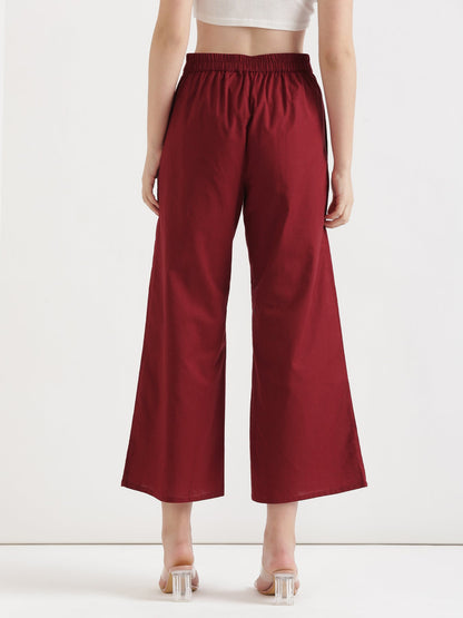 Women Maroon Airy Linen Wide Leg Pant