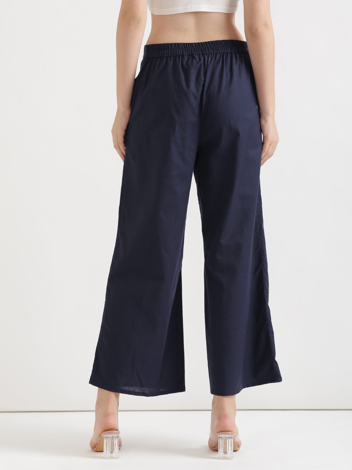 Women Navy Blue Airy Linen Wide Leg Pant