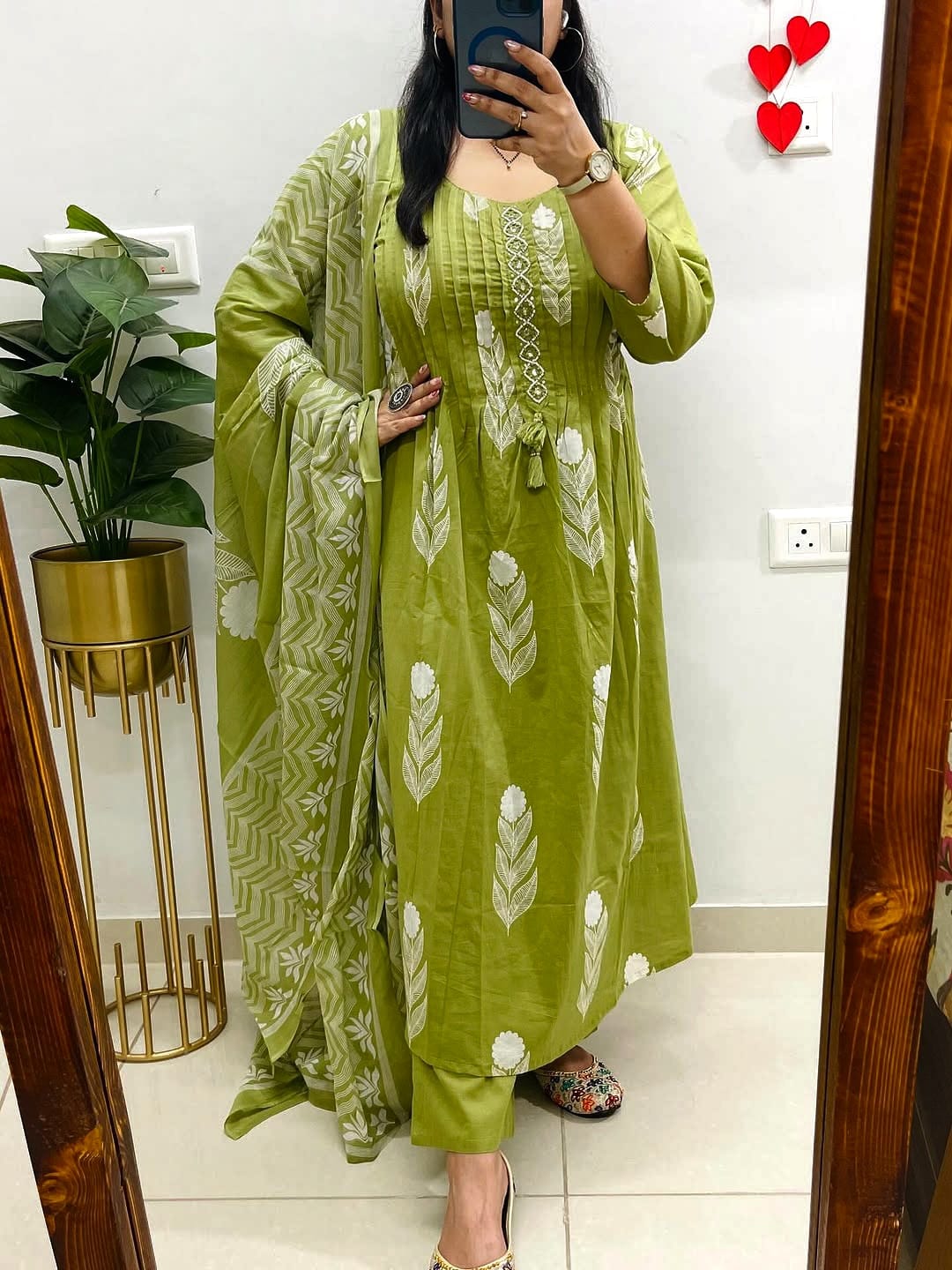 Premium Olive Green Cotton Kurti Pant Dupatta Set