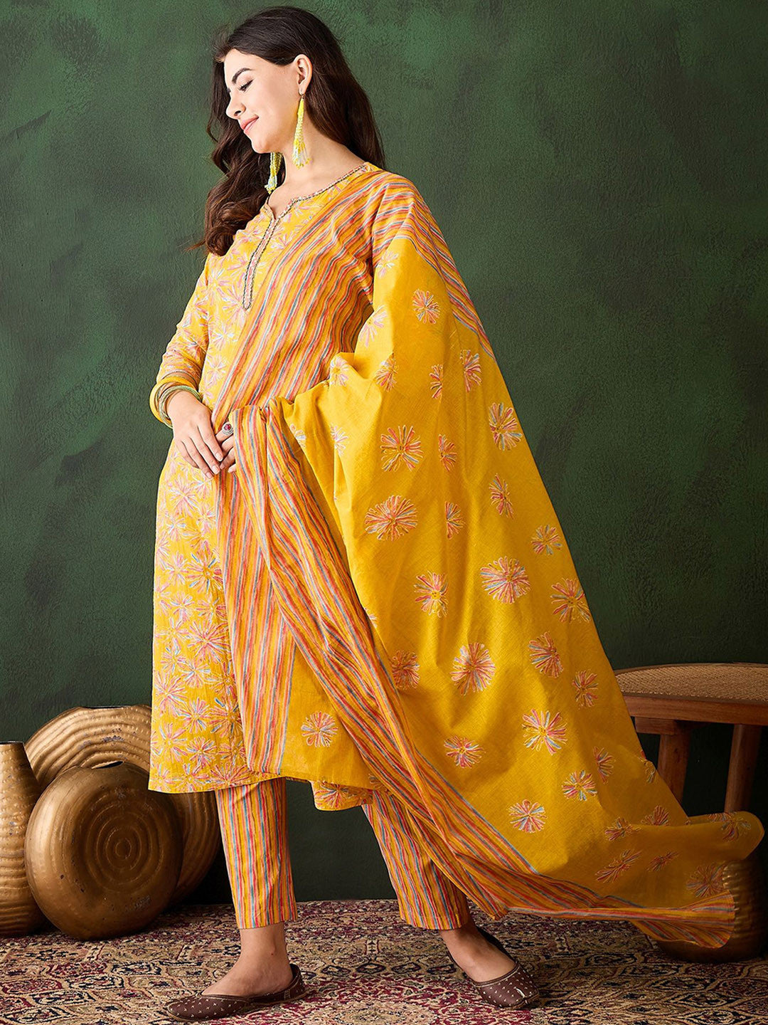 Floral Straight Kurta Set with Striped Pants & Dupatta