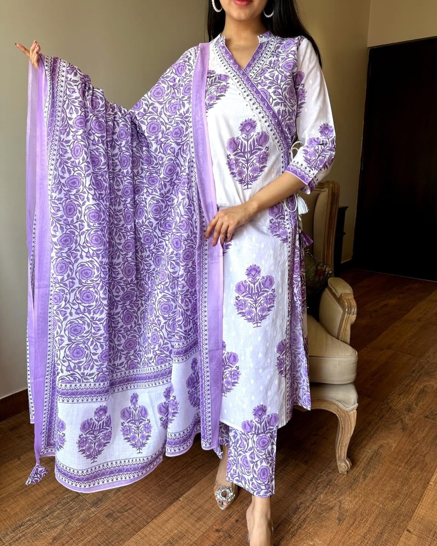 Lavender Cotton Angrakha 3 Piece Set for Women