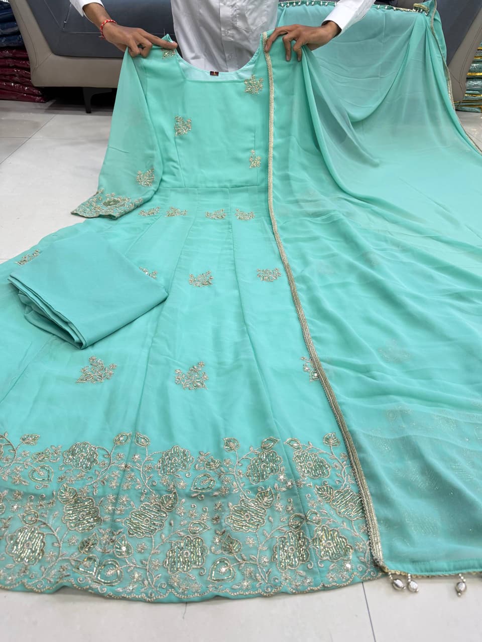 Premium Pastel Green Anarkali Suit Set with Dupatta