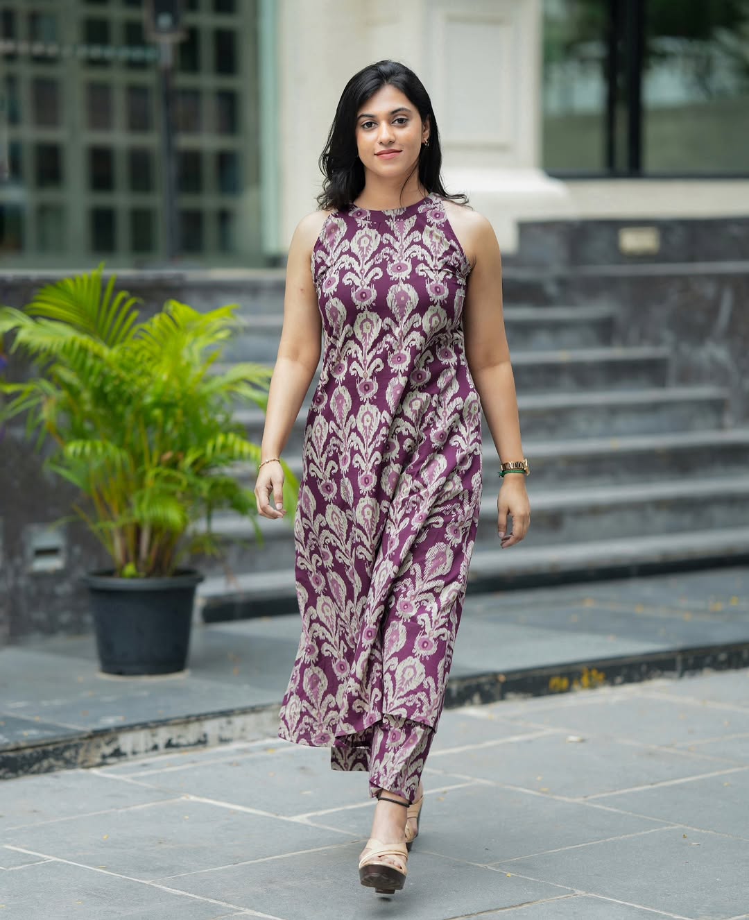 Women’s Purple Printed Cotton Halter Neck Kurta Palazzo Set