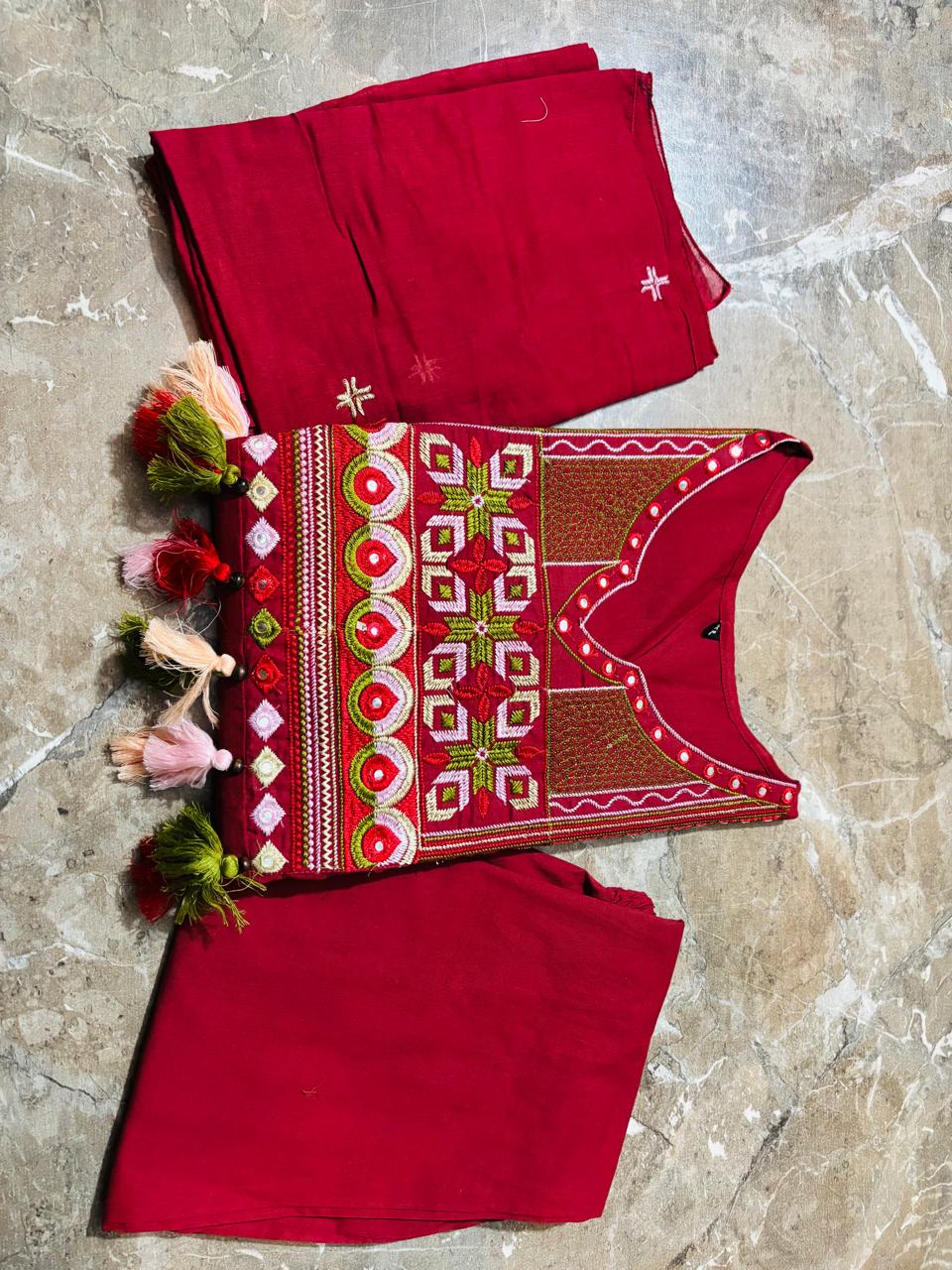 Premium Maroon Cotton Anarkali Kurti Pant Dupatta Set