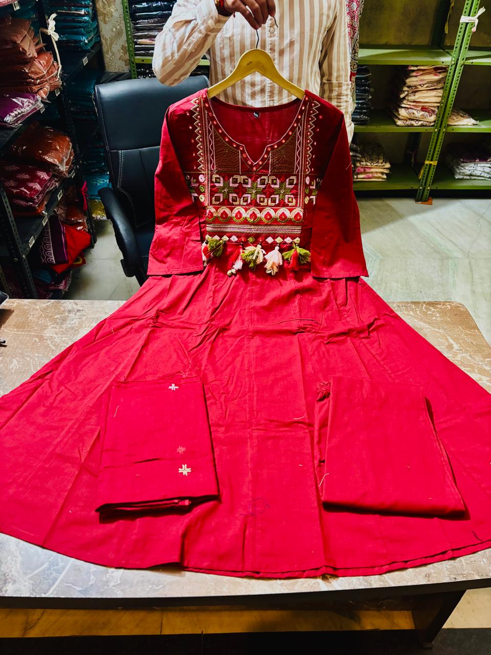 Premium Maroon Cotton Anarkali Kurti Pant Dupatta Set