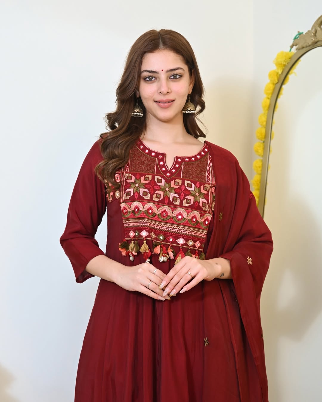 Premium Maroon Cotton Anarkali Kurti Pant Dupatta Set