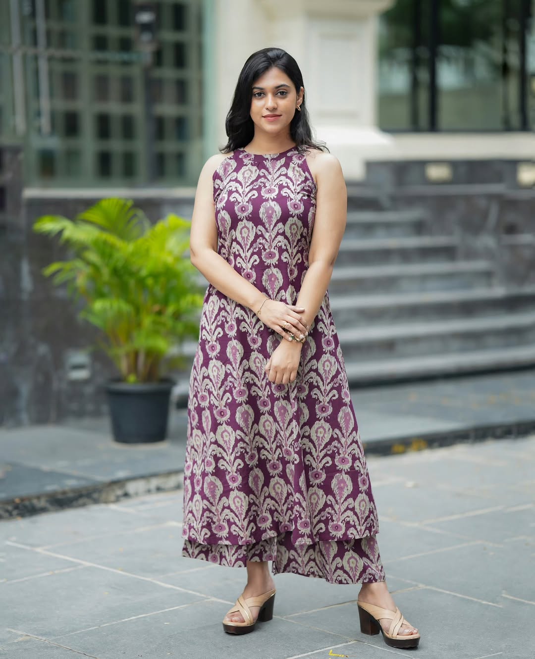 Women’s Purple Printed Cotton Halter Neck Kurta Palazzo Set