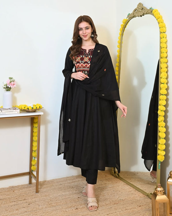 Premium Black Cotton Anarkali Kurti Pant Dupatta Set