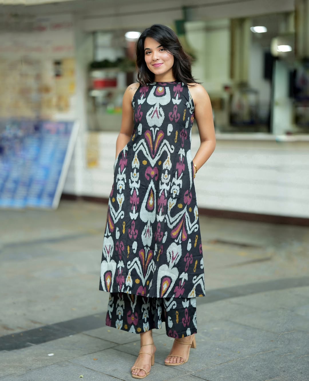 Women’s Black Ikat Printed Cotton Halter Neck Kurta Palazzo Set