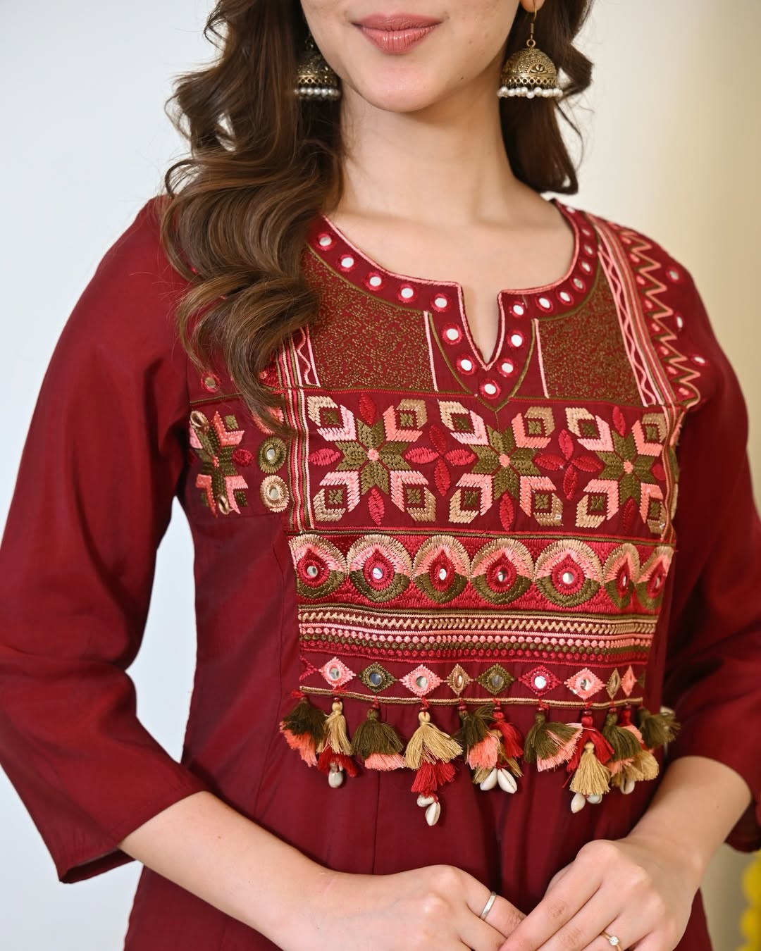 Premium Maroon Cotton Anarkali Kurti Pant Dupatta Set