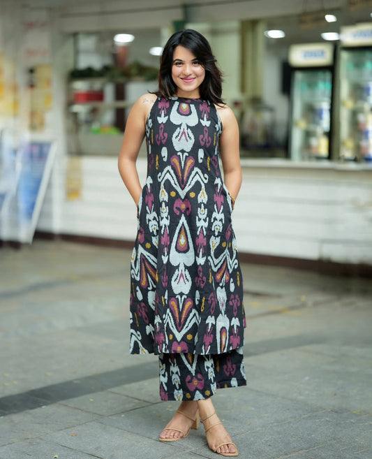 Women’s Black Ikat Printed Cotton Halter Neck Kurta Palazzo Set