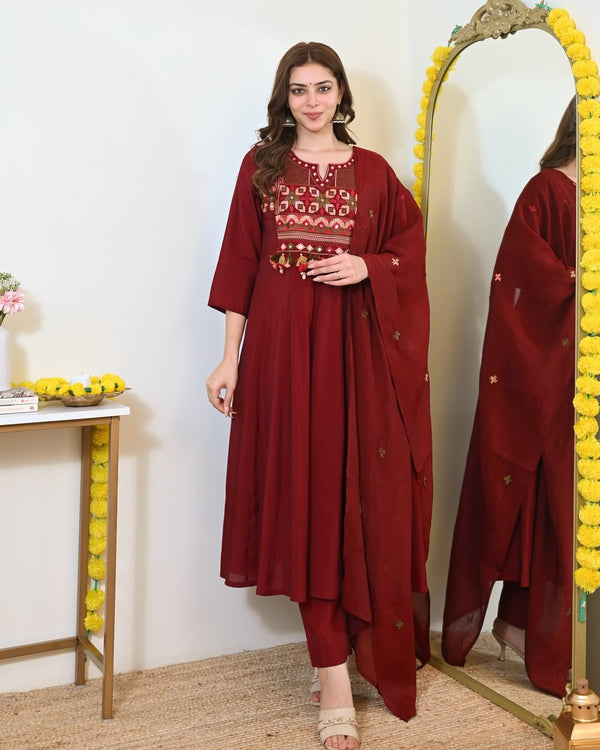 Premium Maroon Cotton Anarkali Kurti Pant Dupatta Set