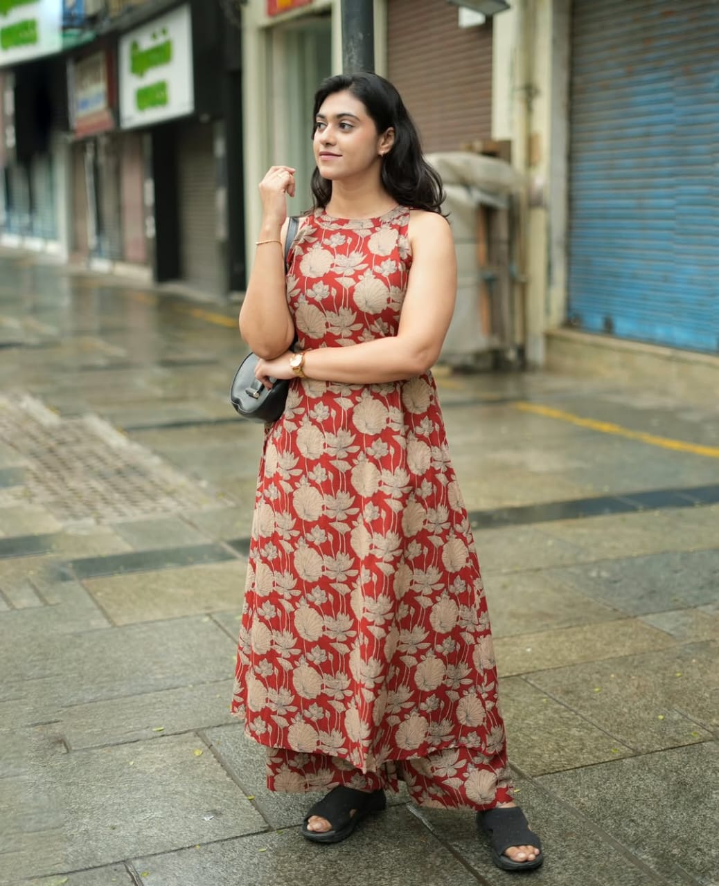 Women’s Rust Red Floral Printed Cotton Halter Neck Kurta Palazzo Set