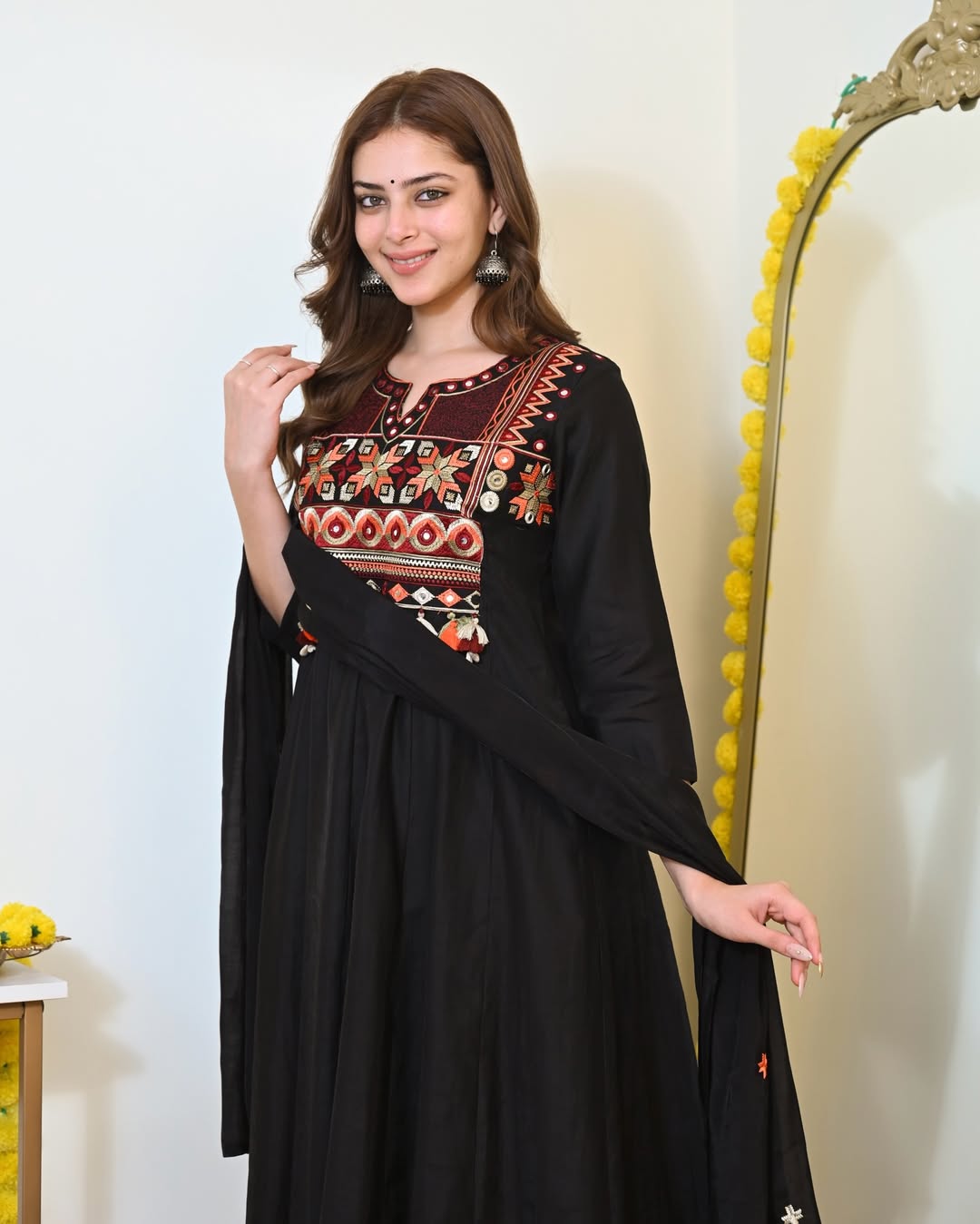 Premium Black Cotton Anarkali Kurti Pant Dupatta Set