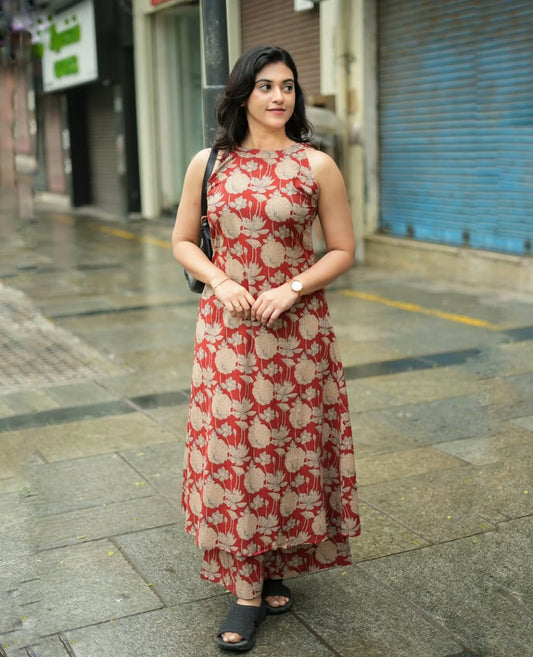 Women’s Rust Red Floral Printed Cotton Halter Neck Kurta Palazzo Set