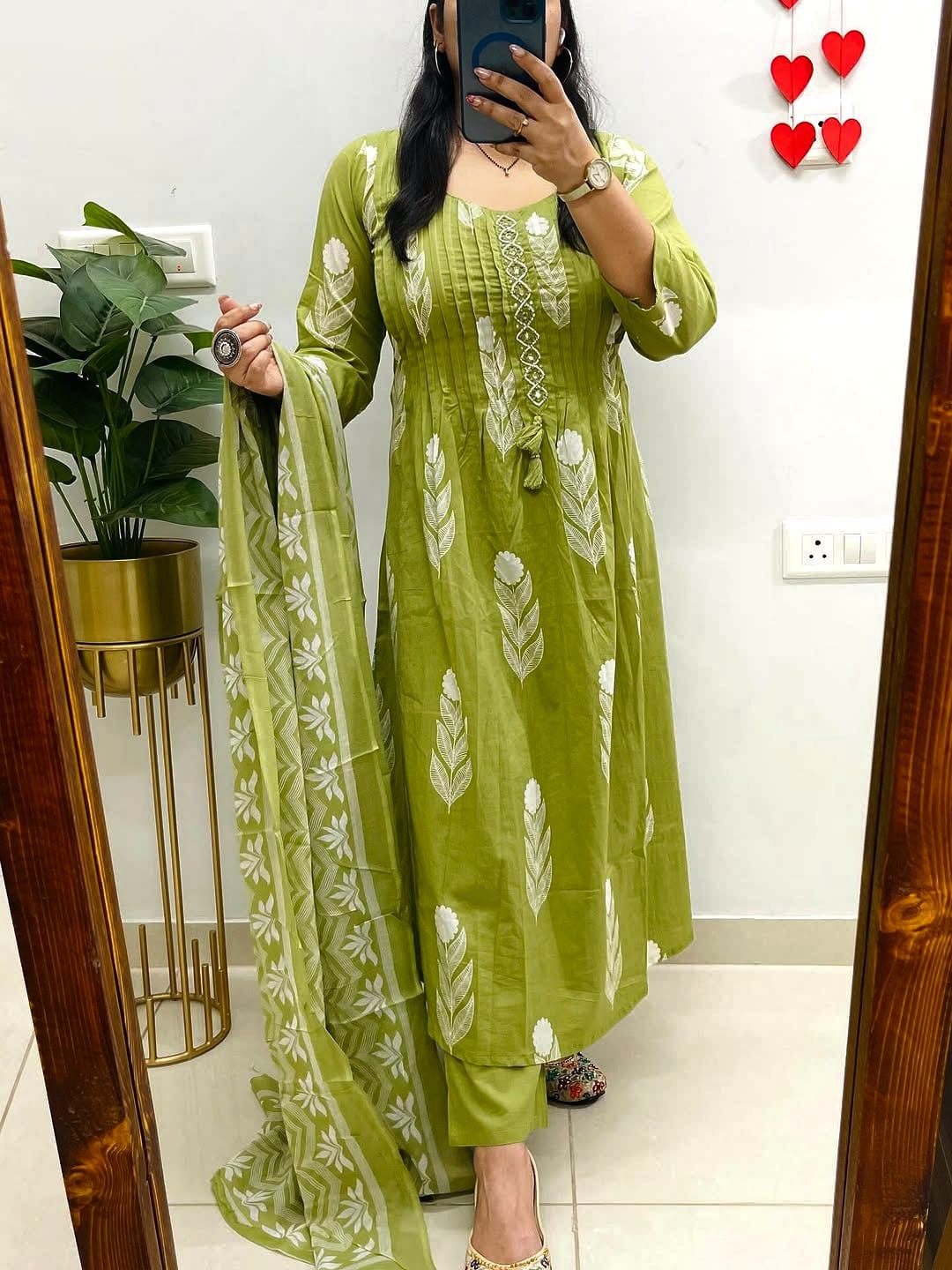 Premium Olive Green Cotton Kurti Pant Dupatta Set