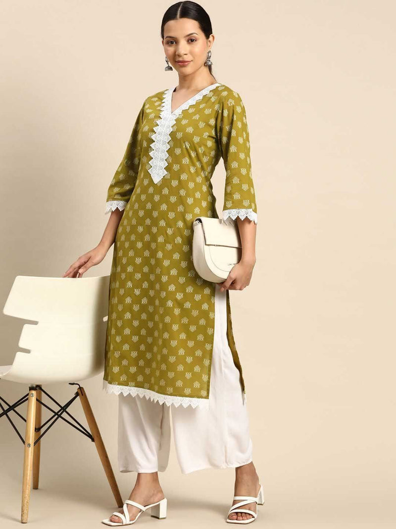 Green Lace Rayon Printed Straight Kurti for women