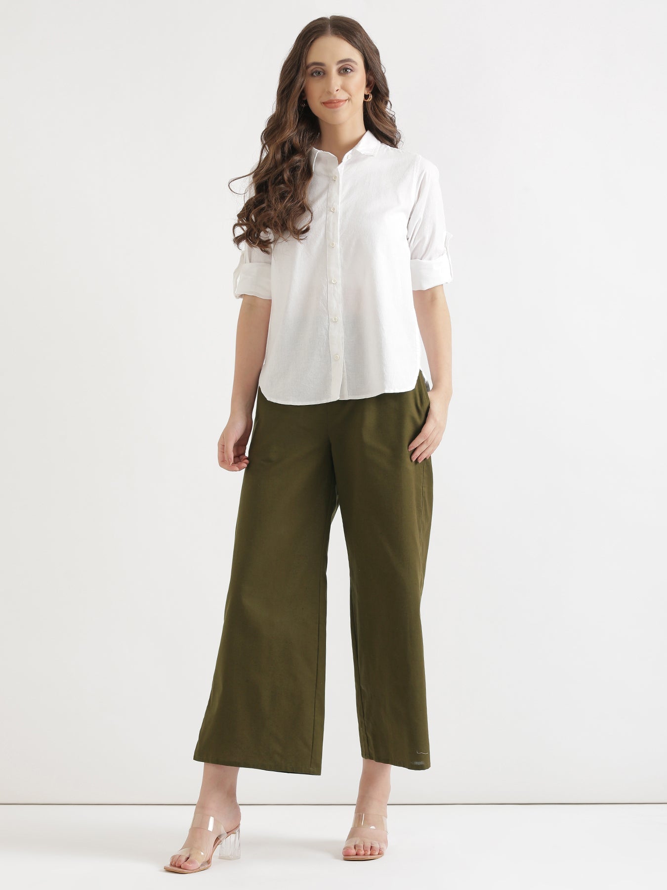 Women Olive Green Airy Linen Wide Leg Pant