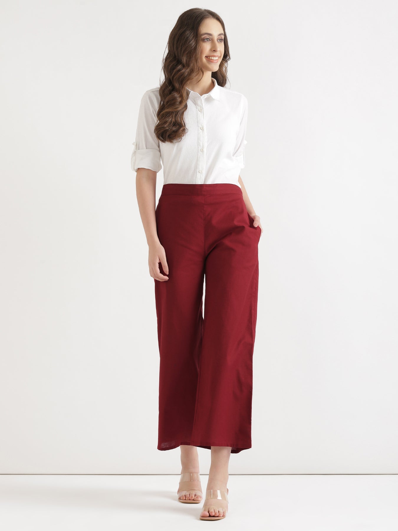 Women Maroon Airy Linen Wide Leg Pant