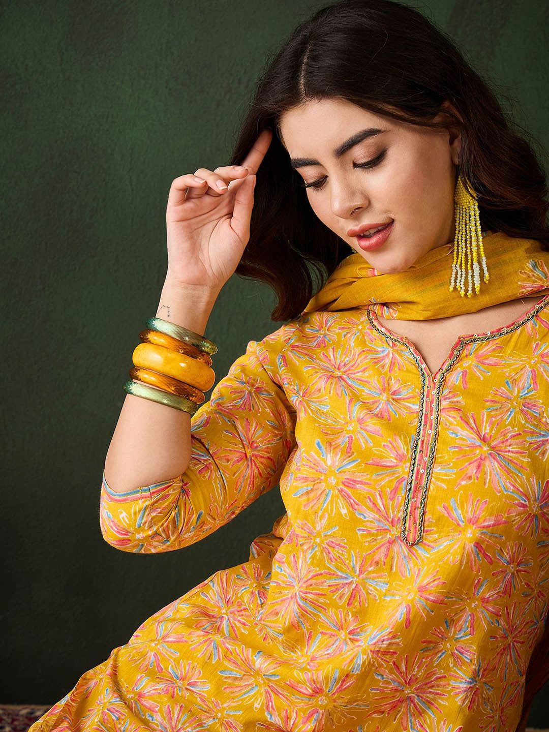 Floral Straight Kurta Set with Striped Pants & Dupatta