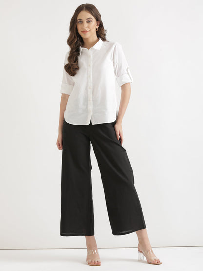 Women Black Airy Linen Wide Leg Pant