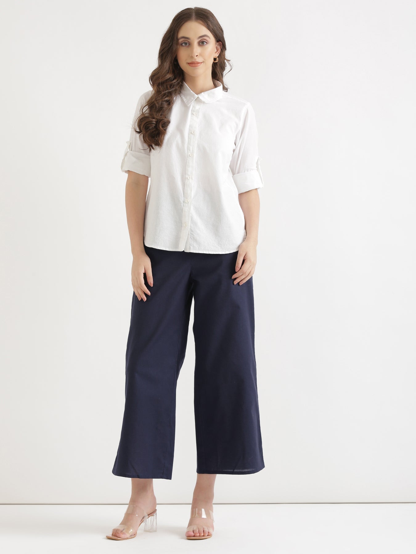 Women Navy Blue Airy Linen Wide Leg Pant