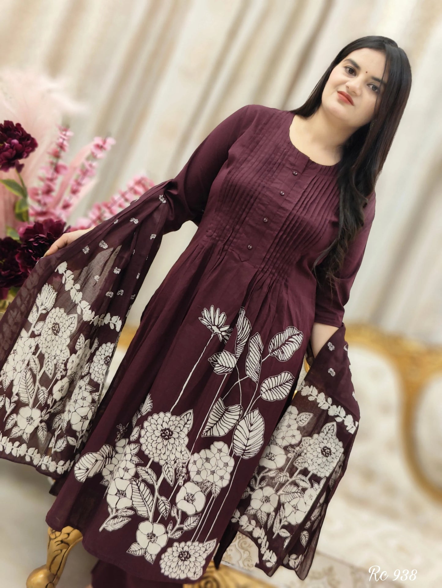 Maroon Cotton 3 Piece Kurti Pant Dupatta Set for Women