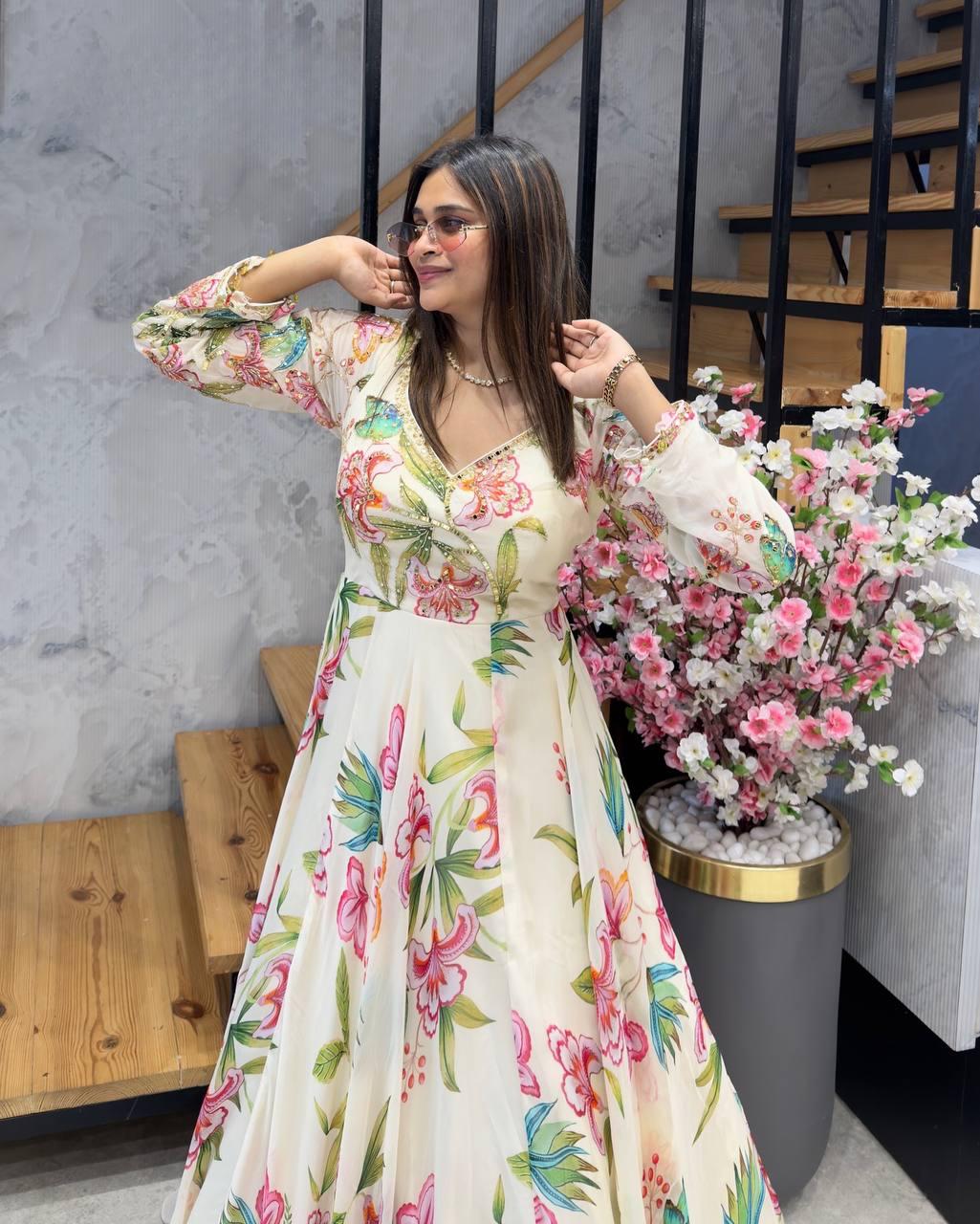 Shehnaz Attire Floral Printed Anarkali Gown Set with Dupatta