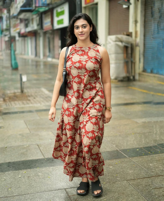 Women’s Rust Red Floral Printed Cotton Halter Neck Kurta Palazzo Set