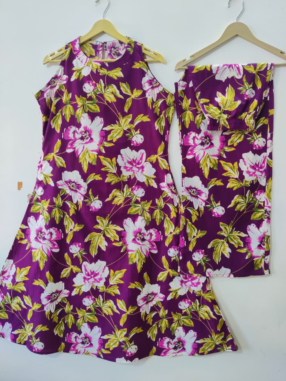 Women’s Wine Floral Printed Cotton Halter Neck Kurta Palazzo Set