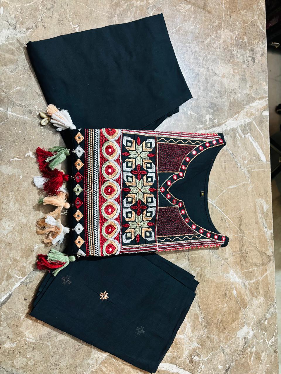 Premium Black Cotton Anarkali Kurti Pant Dupatta Set