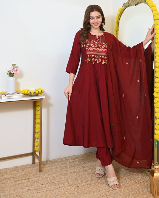 Premium Maroon Cotton Anarkali Kurti Pant Dupatta Set