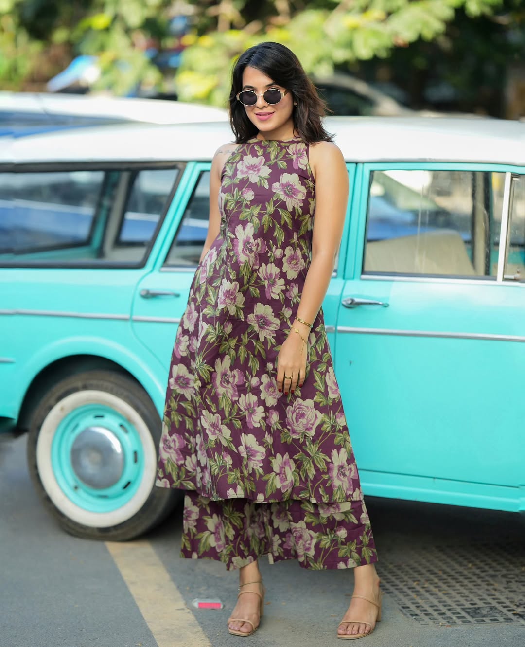 Women’s Wine Floral Printed Cotton Halter Neck Kurta Palazzo Set