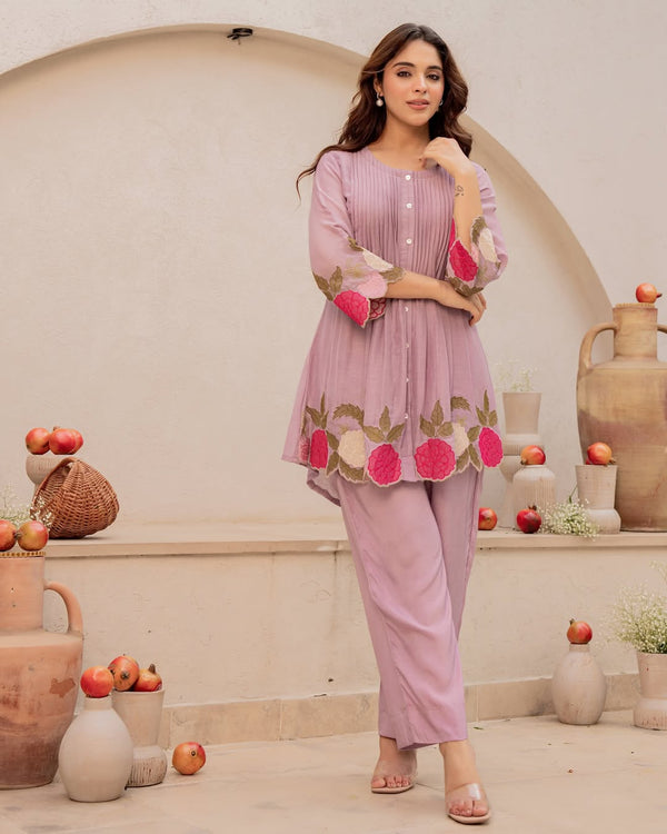 Premium Purple Chanderi Silk Co-Ord Set with Embroidery