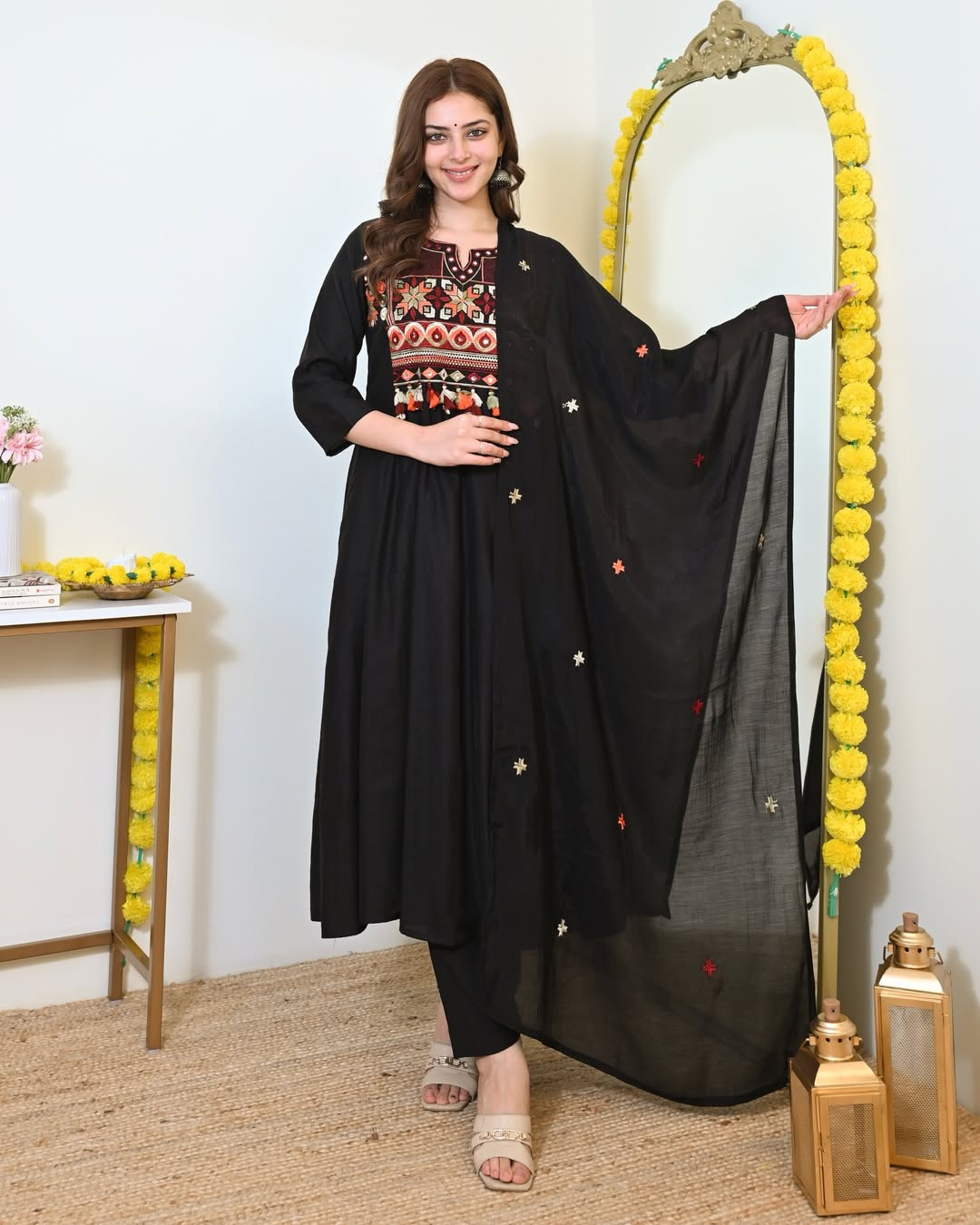 Premium Black Cotton Anarkali Kurti Pant Dupatta Set
