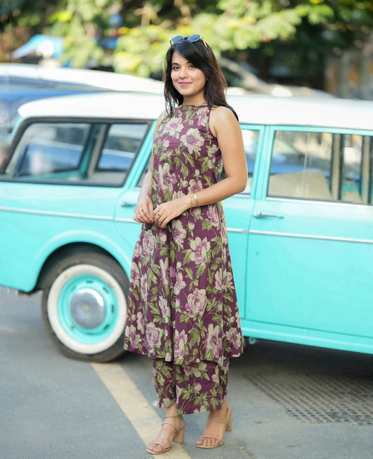 Women’s Wine Floral Printed Cotton Halter Neck Kurta Palazzo Set