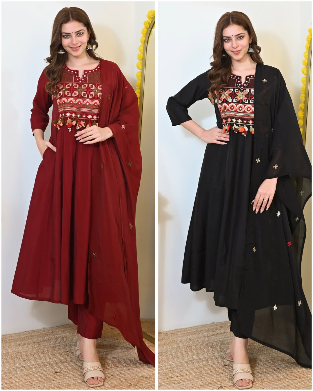 Premium Maroon Cotton Anarkali Kurti Pant Dupatta Set