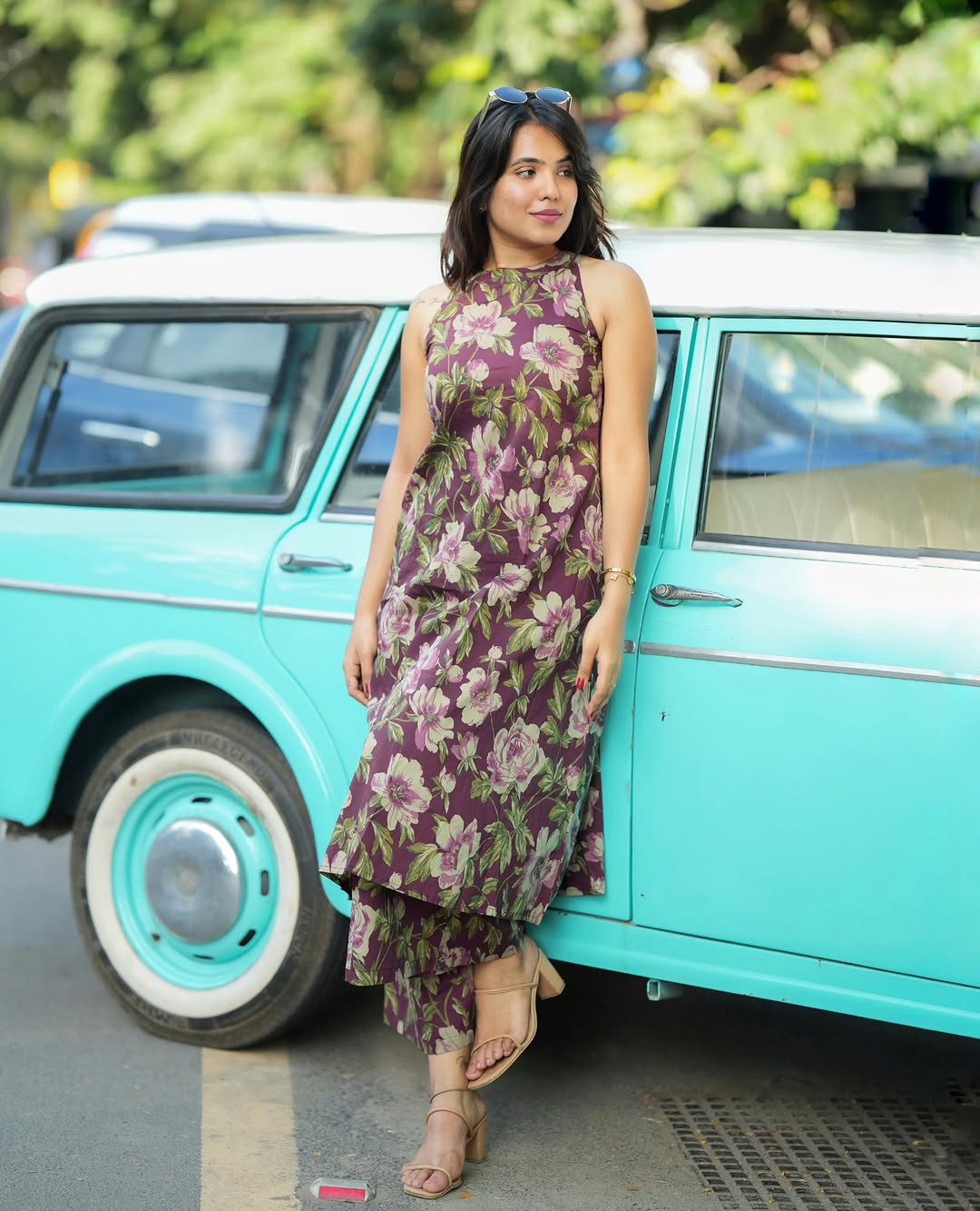 Women’s Wine Floral Printed Cotton Halter Neck Kurta Palazzo Set
