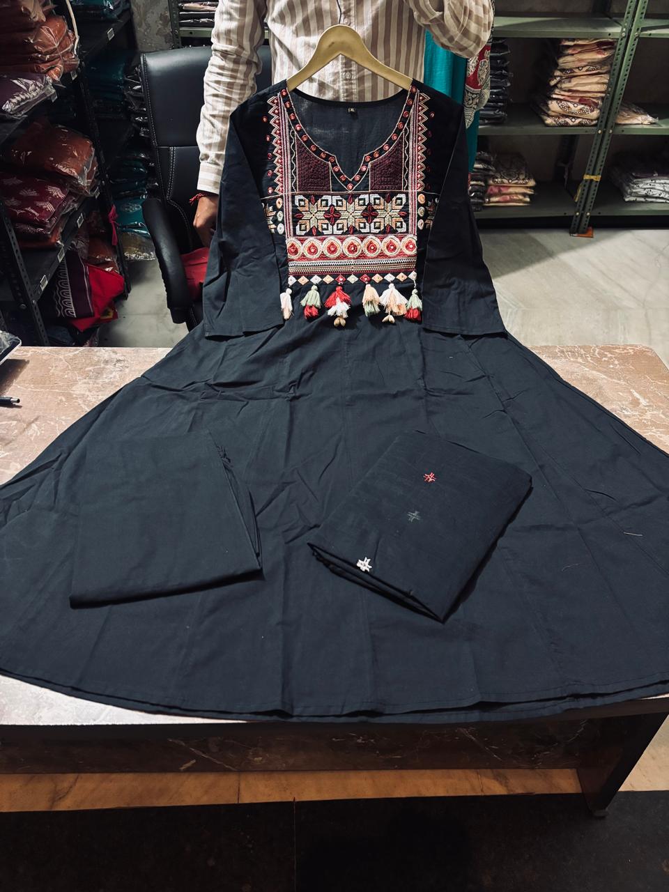 Premium Black Cotton Anarkali Kurti Pant Dupatta Set