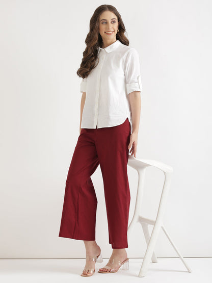 Women Maroon Airy Linen Wide Leg Pant