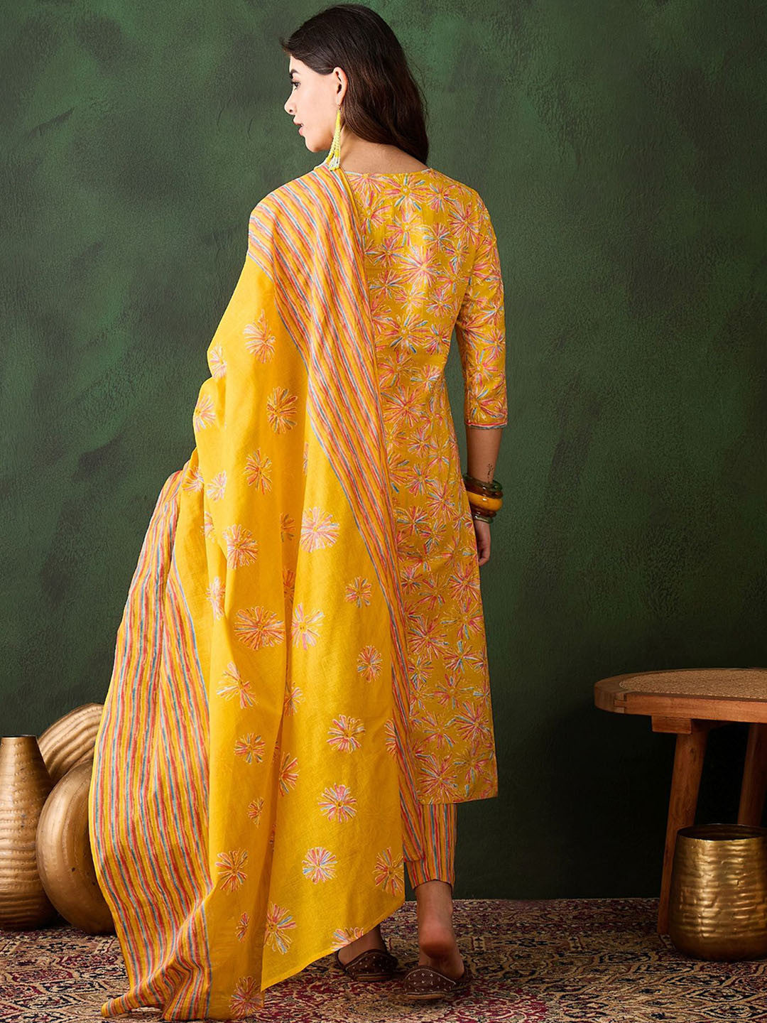 Floral Straight Kurta Set with Striped Pants & Dupatta