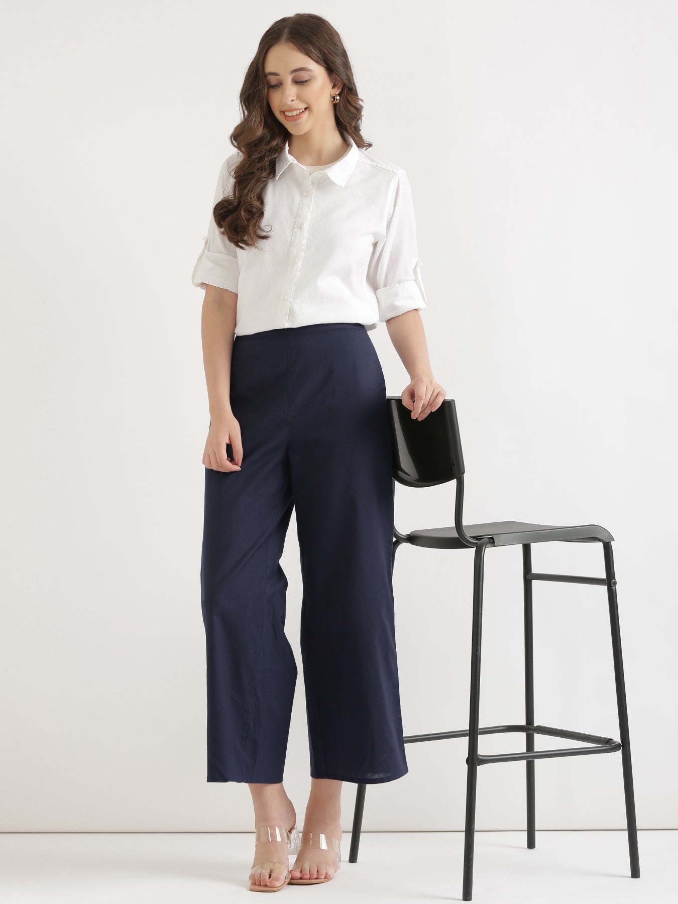 Women Navy Blue Airy Linen Wide Leg Pant