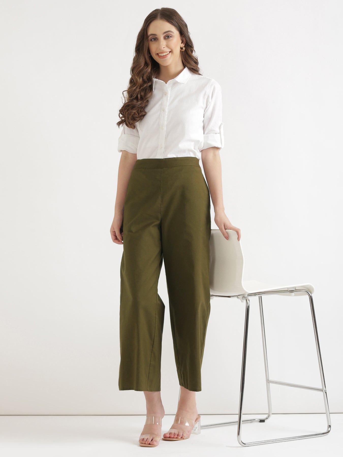 Women Olive Green Airy Linen Wide Leg Pant