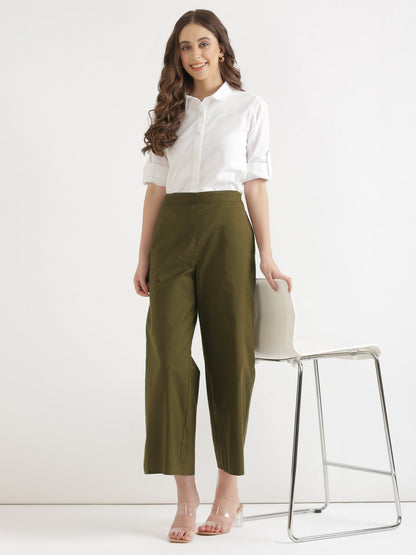 Women Olive Green Airy Linen Wide Leg Pant
